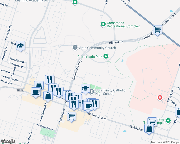 map of restaurants, bars, coffee shops, grocery stores, and more near 615 Hilliard Rd in Temple