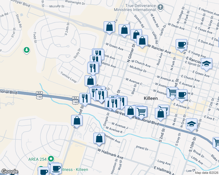 map of restaurants, bars, coffee shops, grocery stores, and more near 809 West Avenue D in Killeen