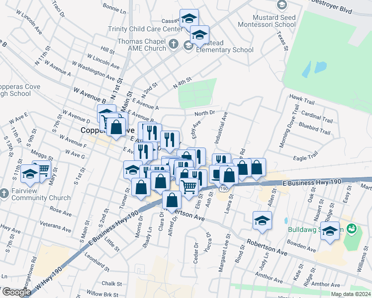 map of restaurants, bars, coffee shops, grocery stores, and more near 204 South Drive in Copperas Cove