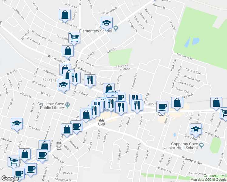 map of restaurants, bars, coffee shops, grocery stores, and more near 204 North Drive in Copperas Cove