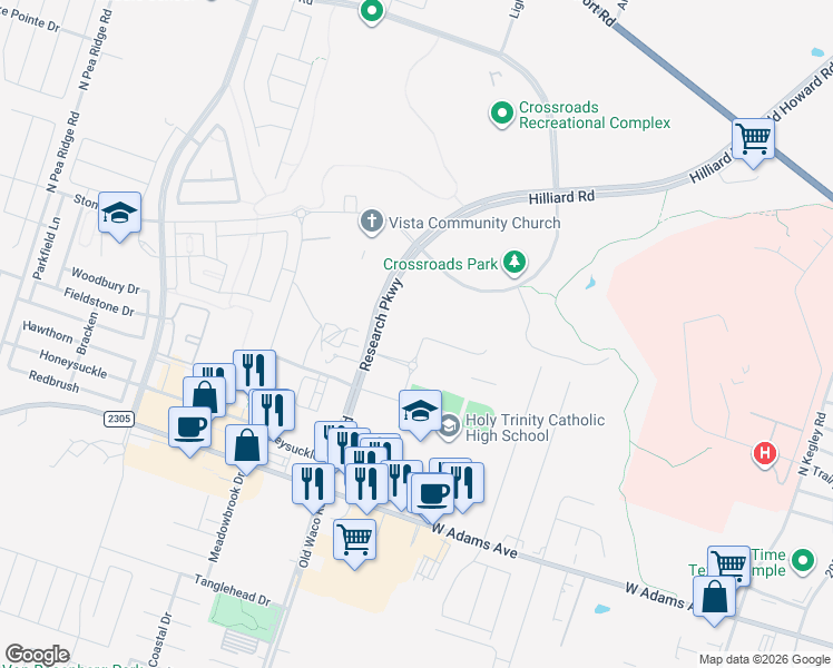 map of restaurants, bars, coffee shops, grocery stores, and more near 419 Hilliard Rd in Temple