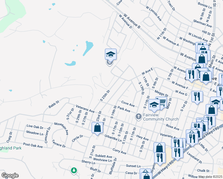map of restaurants, bars, coffee shops, grocery stores, and more near 707 South 25th Street in Copperas Cove