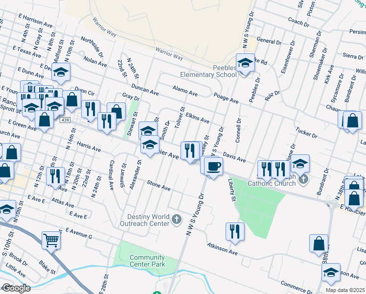 map of restaurants, bars, coffee shops, grocery stores, and more near 1909 East Rancier Avenue in Killeen