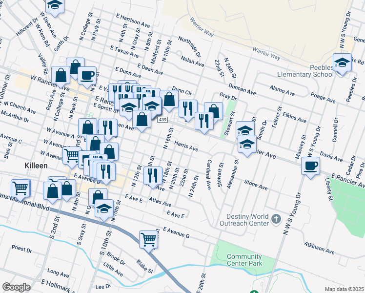 map of restaurants, bars, coffee shops, grocery stores, and more near 914 Brewster Avenue in Killeen