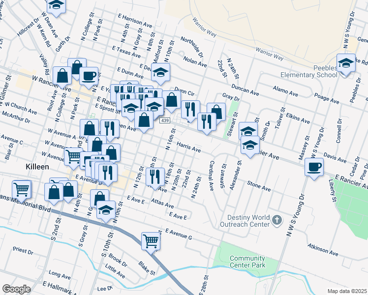 map of restaurants, bars, coffee shops, grocery stores, and more near 914 Brewster Avenue in Killeen