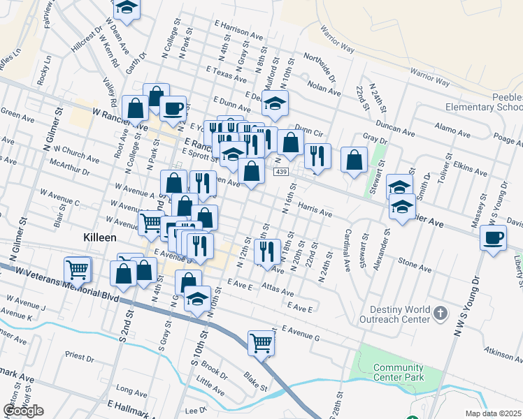map of restaurants, bars, coffee shops, grocery stores, and more near 604 Parmer Avenue in Killeen