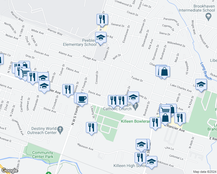 map of restaurants, bars, coffee shops, grocery stores, and more near 1105 Cedar Drive in Killeen