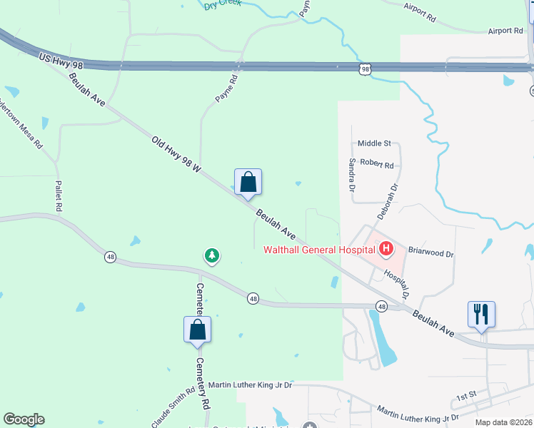 map of restaurants, bars, coffee shops, grocery stores, and more near 156 Old Highway 98 West in Tylertown