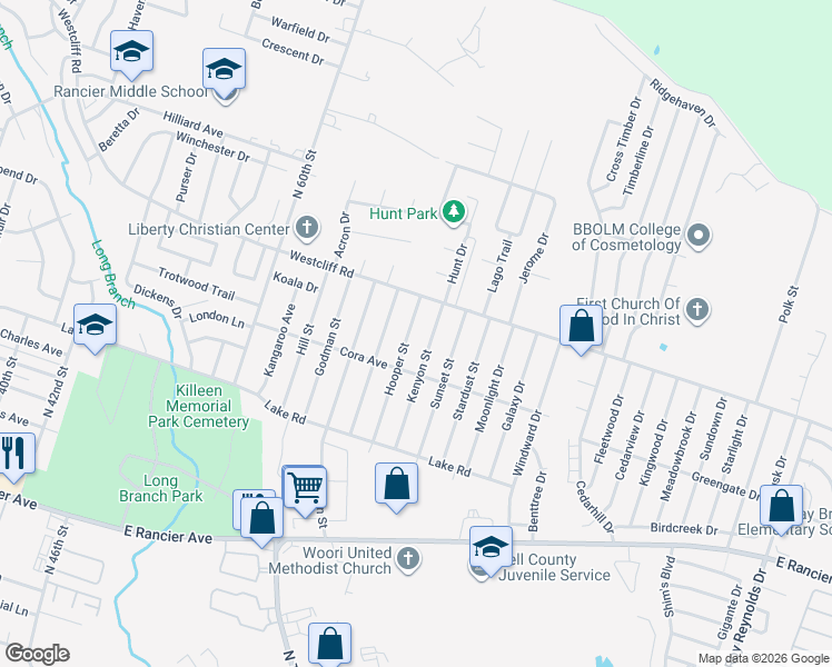 map of restaurants, bars, coffee shops, grocery stores, and more near 2007 Kenyon Street in Killeen