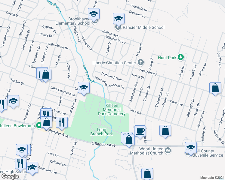 map of restaurants, bars, coffee shops, grocery stores, and more near 3805 Pickwick Lane in Killeen