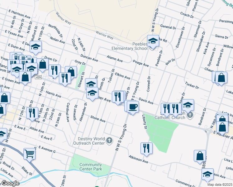 map of restaurants, bars, coffee shops, grocery stores, and more near 1110 Jacqueline Street in Killeen