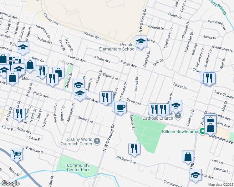 map of restaurants, bars, coffee shops, grocery stores, and more near 1116 Massey Street in Killeen