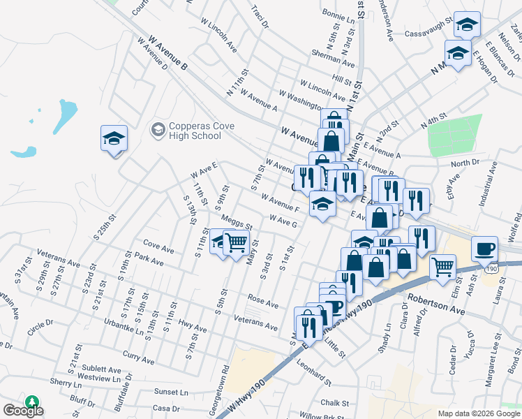 map of restaurants, bars, coffee shops, grocery stores, and more near 310 West Avenue F in Copperas Cove