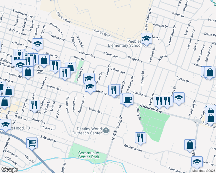 map of restaurants, bars, coffee shops, grocery stores, and more near 1110 Jacqueline Street in Killeen