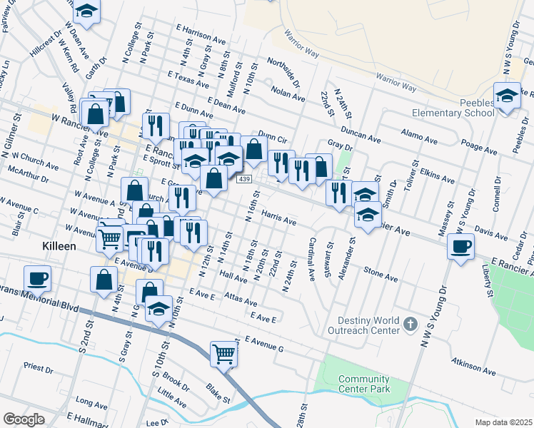 map of restaurants, bars, coffee shops, grocery stores, and more near 804 North 18th Street in Killeen