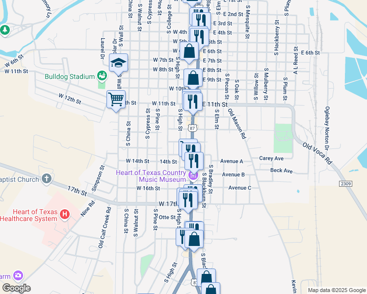 map of restaurants, bars, coffee shops, grocery stores, and more near 1408 South Bridge Street in Brady