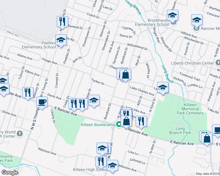 map of restaurants, bars, coffee shops, grocery stores, and more near 2814 Tucker Drive in Killeen