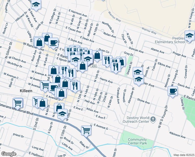 map of restaurants, bars, coffee shops, grocery stores, and more near 809 North 16th Street in Killeen