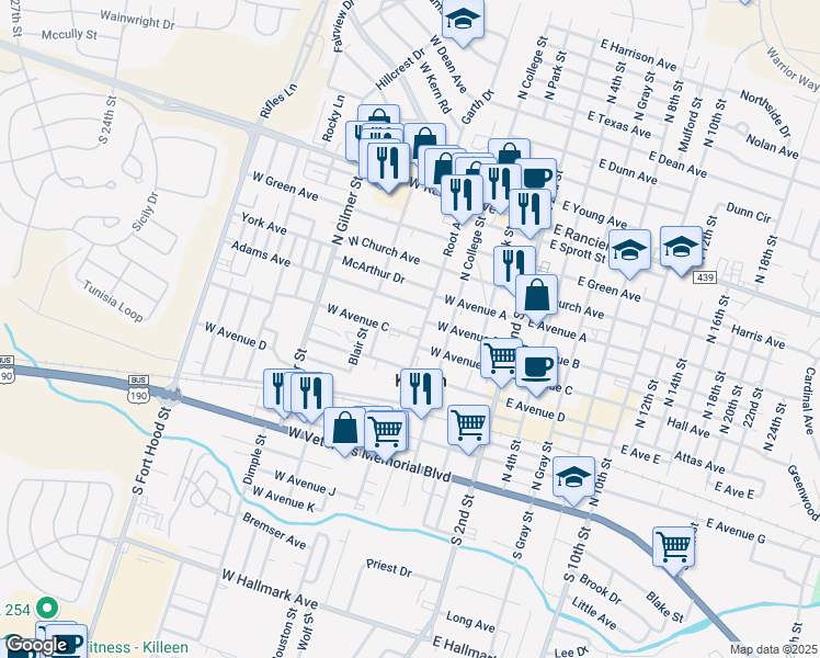 map of restaurants, bars, coffee shops, grocery stores, and more near 425 West Avenue C in Killeen
