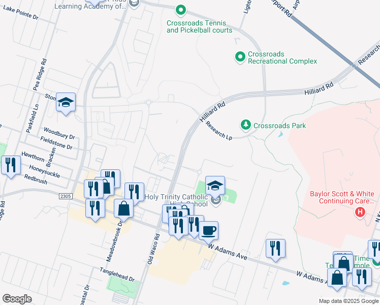 map of restaurants, bars, coffee shops, grocery stores, and more near 615 Hilliard Road in Temple