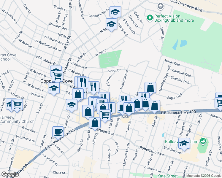 map of restaurants, bars, coffee shops, grocery stores, and more near 204 Erby Avenue in Copperas Cove