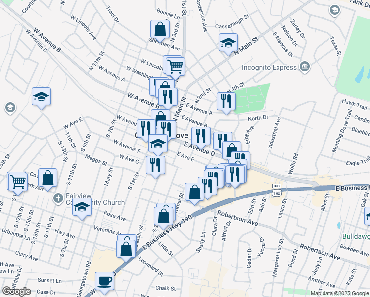 map of restaurants, bars, coffee shops, grocery stores, and more near 201-299 East Avenue D in Copperas Cove