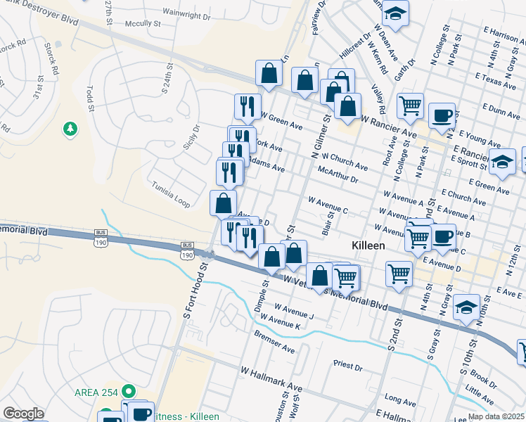 map of restaurants, bars, coffee shops, grocery stores, and more near 310 Cloud Street in Killeen