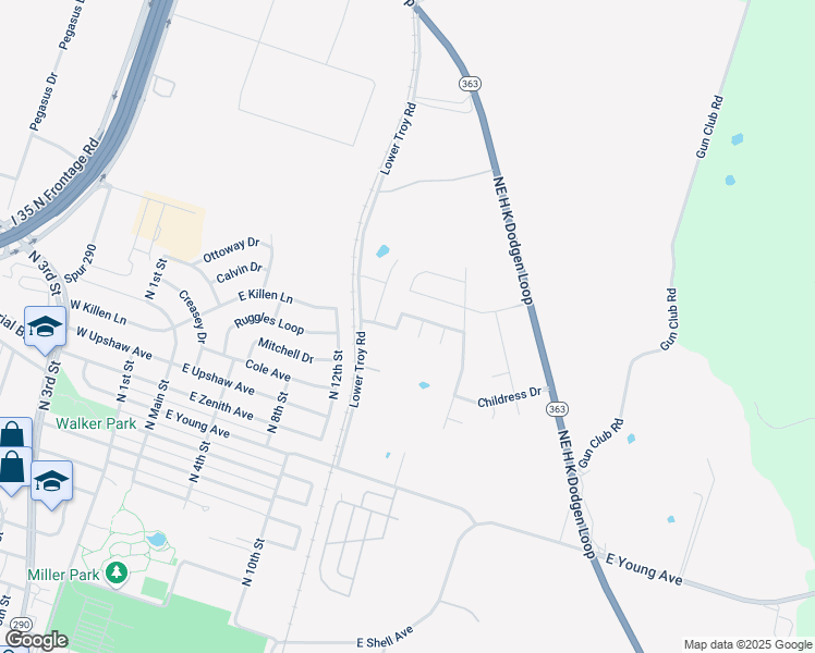map of restaurants, bars, coffee shops, grocery stores, and more near 3131 Lower Troy Road in Temple