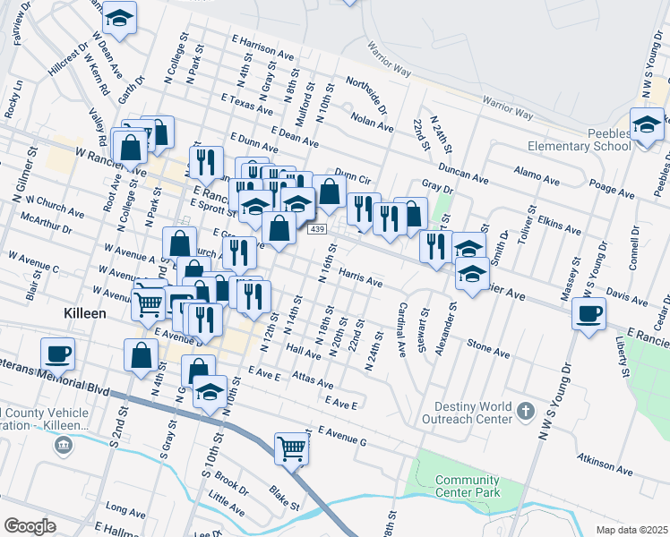 map of restaurants, bars, coffee shops, grocery stores, and more near 804 North 18th Street in Killeen