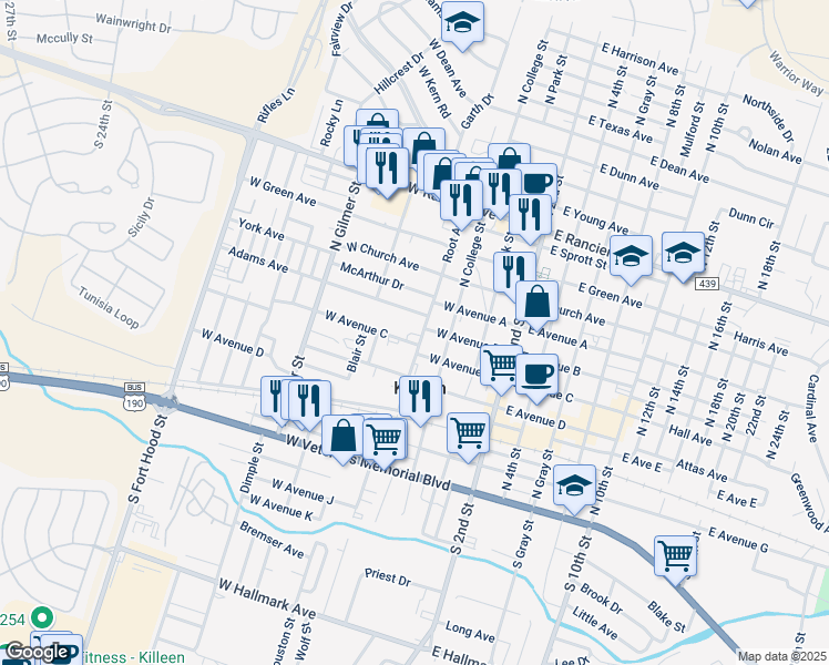 map of restaurants, bars, coffee shops, grocery stores, and more near 425 West Avenue C in Killeen