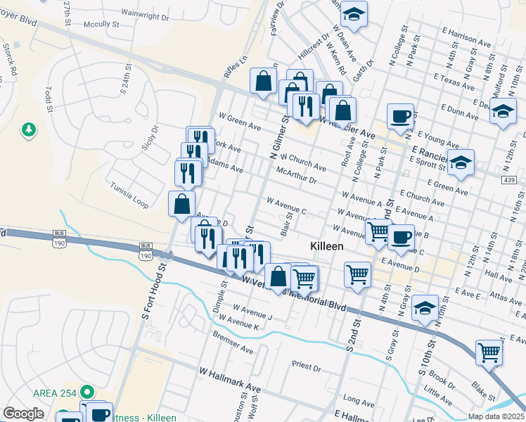 map of restaurants, bars, coffee shops, grocery stores, and more near 722 West Avenue C in Killeen