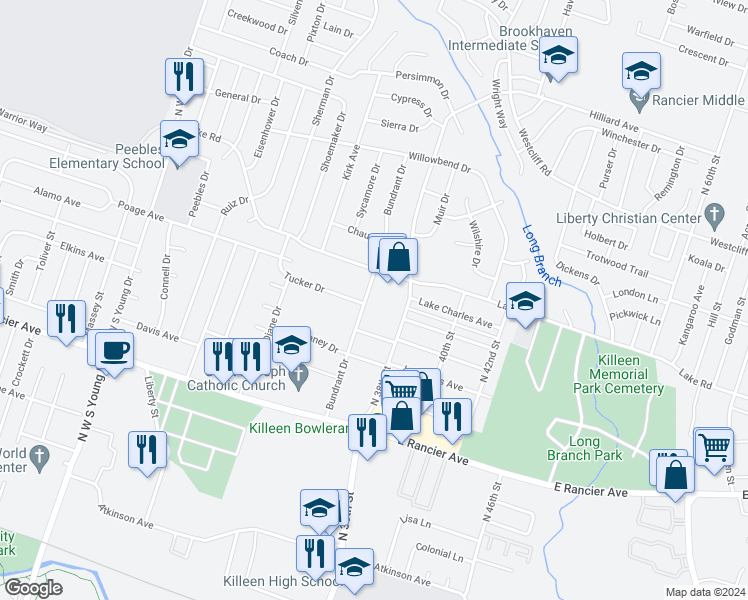 map of restaurants, bars, coffee shops, grocery stores, and more near 1506 Bundrant Drive in Killeen