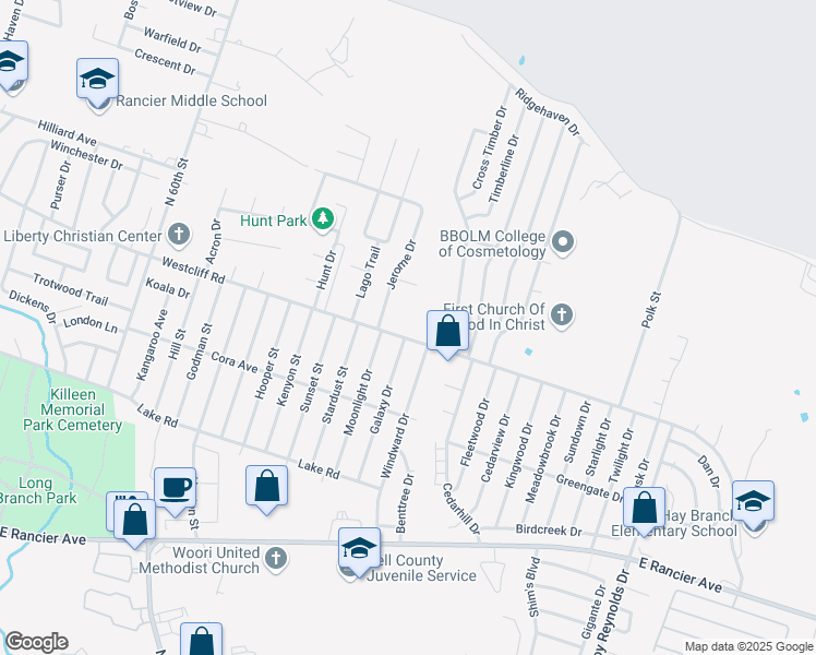 map of restaurants, bars, coffee shops, grocery stores, and more near 4711 Westcliff Road in Killeen
