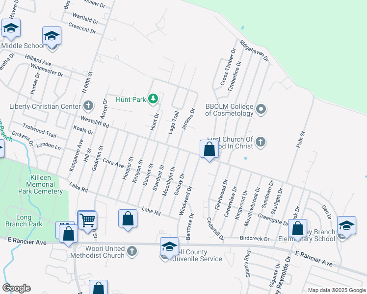 map of restaurants, bars, coffee shops, grocery stores, and more near 4707 Westcliff Road in Killeen
