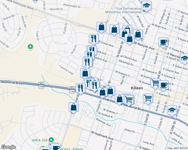 map of restaurants, bars, coffee shops, grocery stores, and more near 310 Cloud Street in Killeen