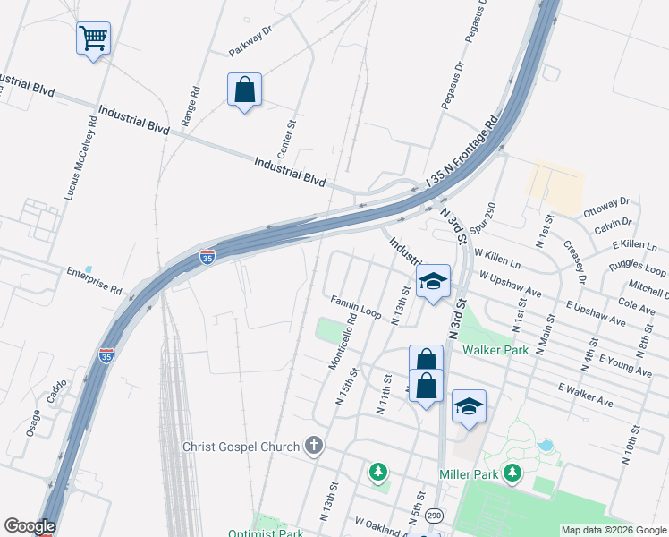 map of restaurants, bars, coffee shops, grocery stores, and more near 934 Fannin Loop in Temple