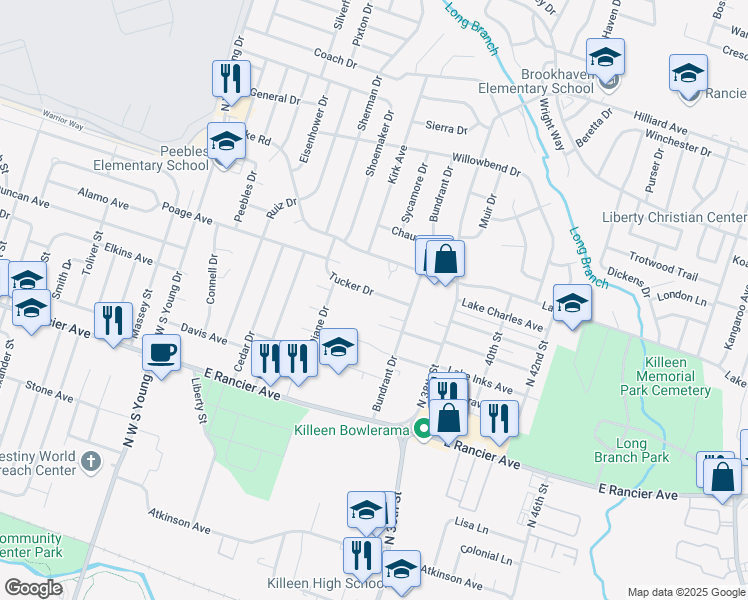 map of restaurants, bars, coffee shops, grocery stores, and more near 2814 Tucker Drive in Killeen