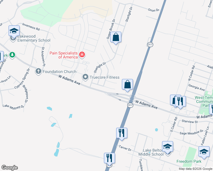 map of restaurants, bars, coffee shops, grocery stores, and more near 9819 Cow Page Court in Temple
