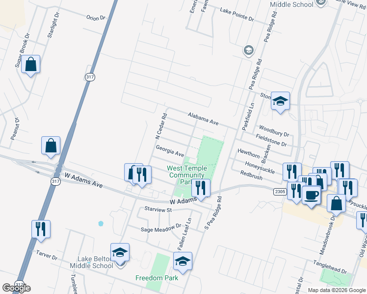 map of restaurants, bars, coffee shops, grocery stores, and more near 8501 Delaware Avenue in Temple