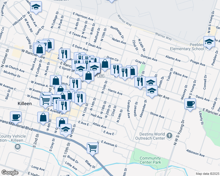map of restaurants, bars, coffee shops, grocery stores, and more near 804 North 18th Street in Killeen