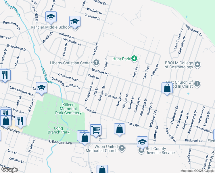map of restaurants, bars, coffee shops, grocery stores, and more near 1911 Hooten Street in Killeen