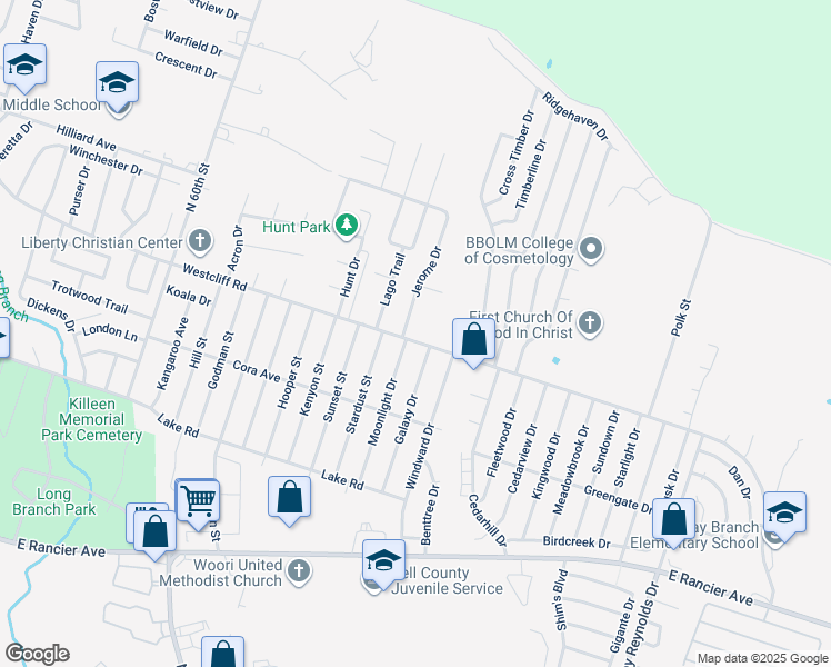 map of restaurants, bars, coffee shops, grocery stores, and more near 4623 Westcliff Road in Killeen