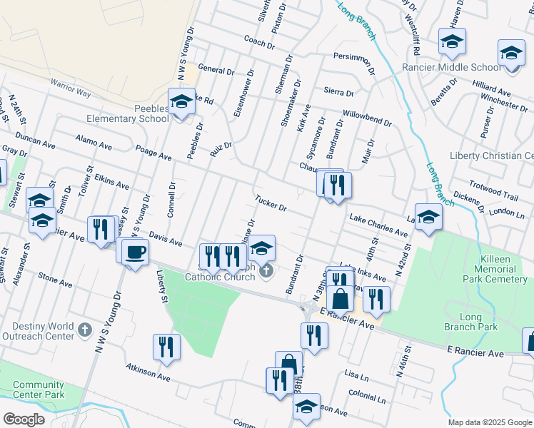 map of restaurants, bars, coffee shops, grocery stores, and more near 2802 Tucker Drive in Killeen