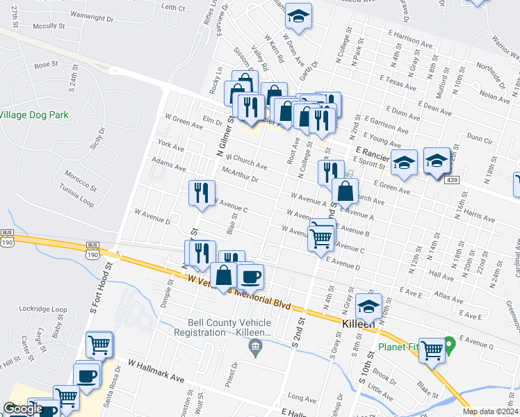 map of restaurants, bars, coffee shops, grocery stores, and more near 425 West Avenue C in Killeen