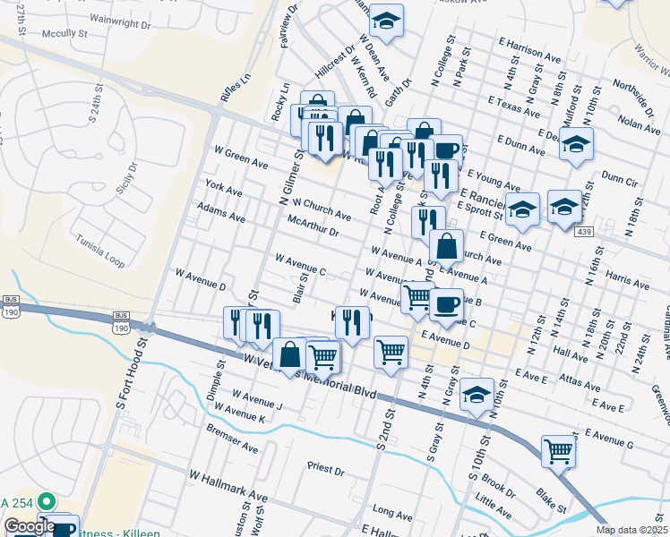 map of restaurants, bars, coffee shops, grocery stores, and more near 425 West Avenue C in Killeen