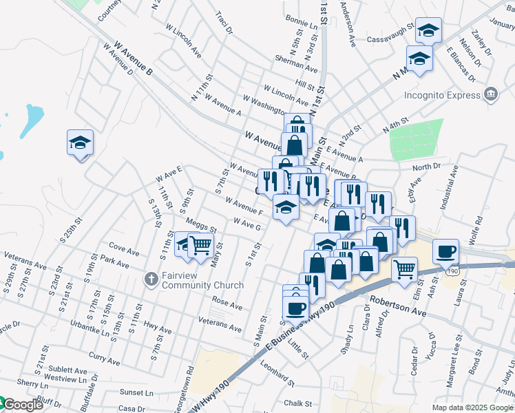map of restaurants, bars, coffee shops, grocery stores, and more near 107 West Avenue East in Copperas Cove