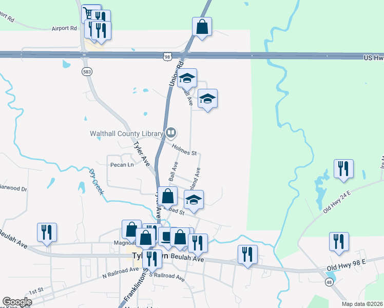 map of restaurants, bars, coffee shops, grocery stores, and more near 704 Ball Avenue in Tylertown