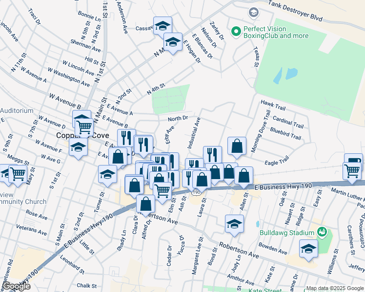 map of restaurants, bars, coffee shops, grocery stores, and more near 805 Industrial Ave in Copperas Cove