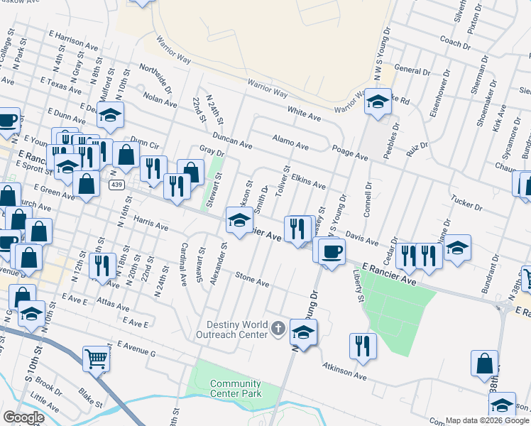 map of restaurants, bars, coffee shops, grocery stores, and more near 1110 Smith Drive in Killeen