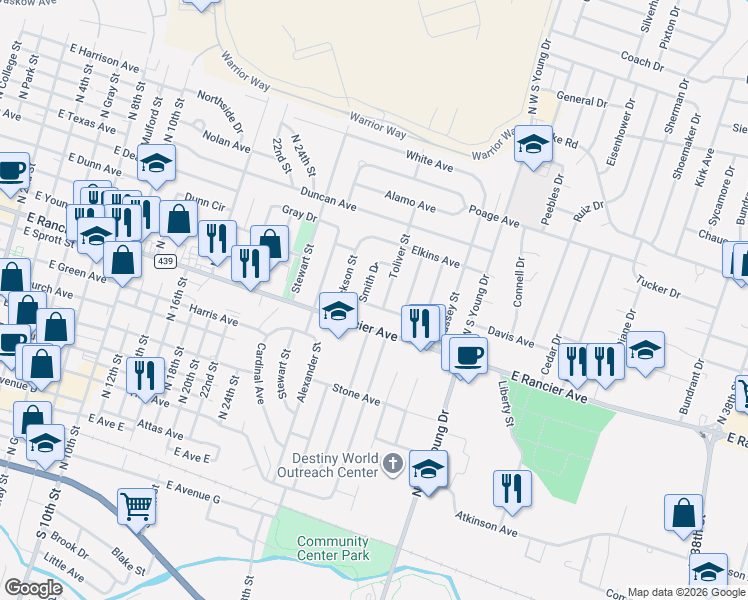 map of restaurants, bars, coffee shops, grocery stores, and more near 1705 Wood Street in Killeen